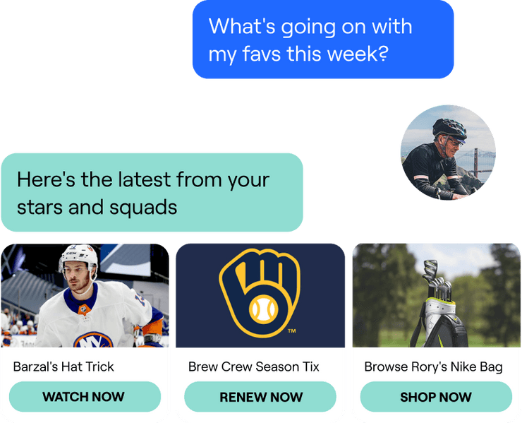 A user asks the question 'What’s going on with my favs this week?' in chat, and the NHL GameOn bot replies with the latest news for that user’s favorite teams and players.